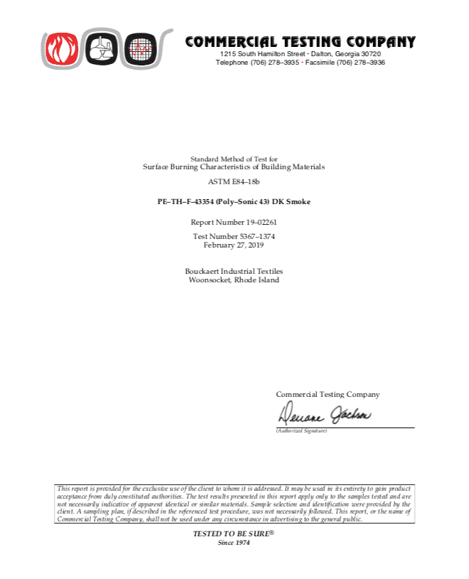 Poly-Sonic 43 ASTM E84 Test Result Documentation