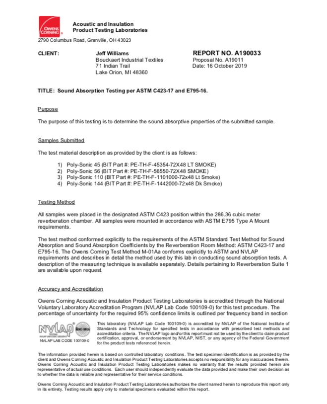 Poly-Sonic Acoustical Testing (ASTM C423A) Result Documentation